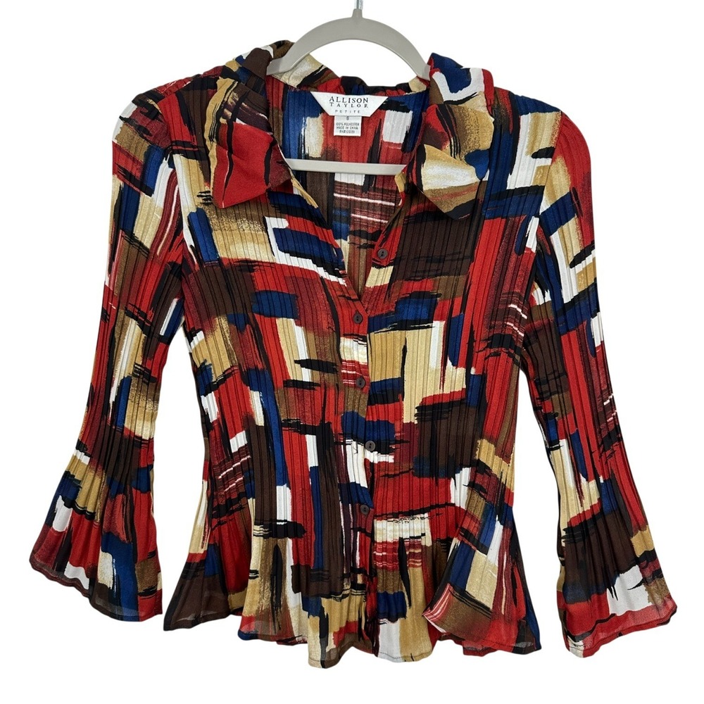 Vintage Allison Taylor Retro Geometric Abstract Pleated‎ Flared Sleeve Button Up